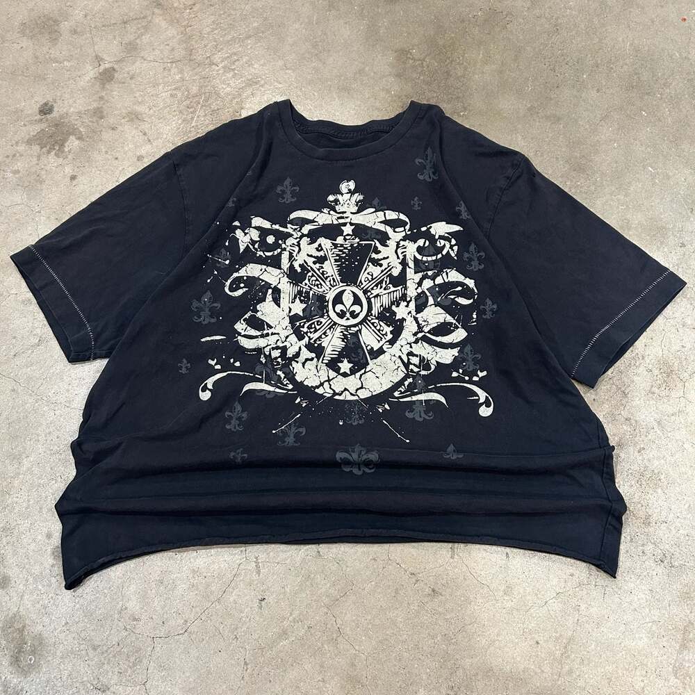 Y2K Grunge Fleur-de-lis Graphic Print Short Sleeve T-Shirt